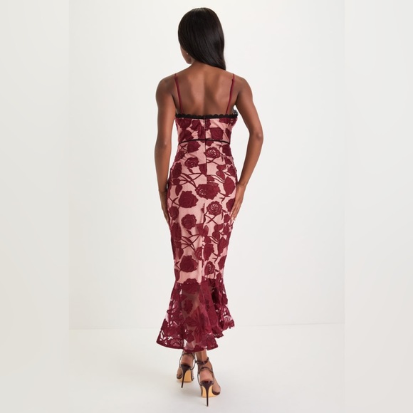 Lulus Women's Dream Burgundy Floral Mesh Lace Trumpet Midi Dress sz L - Picture 3 of 4